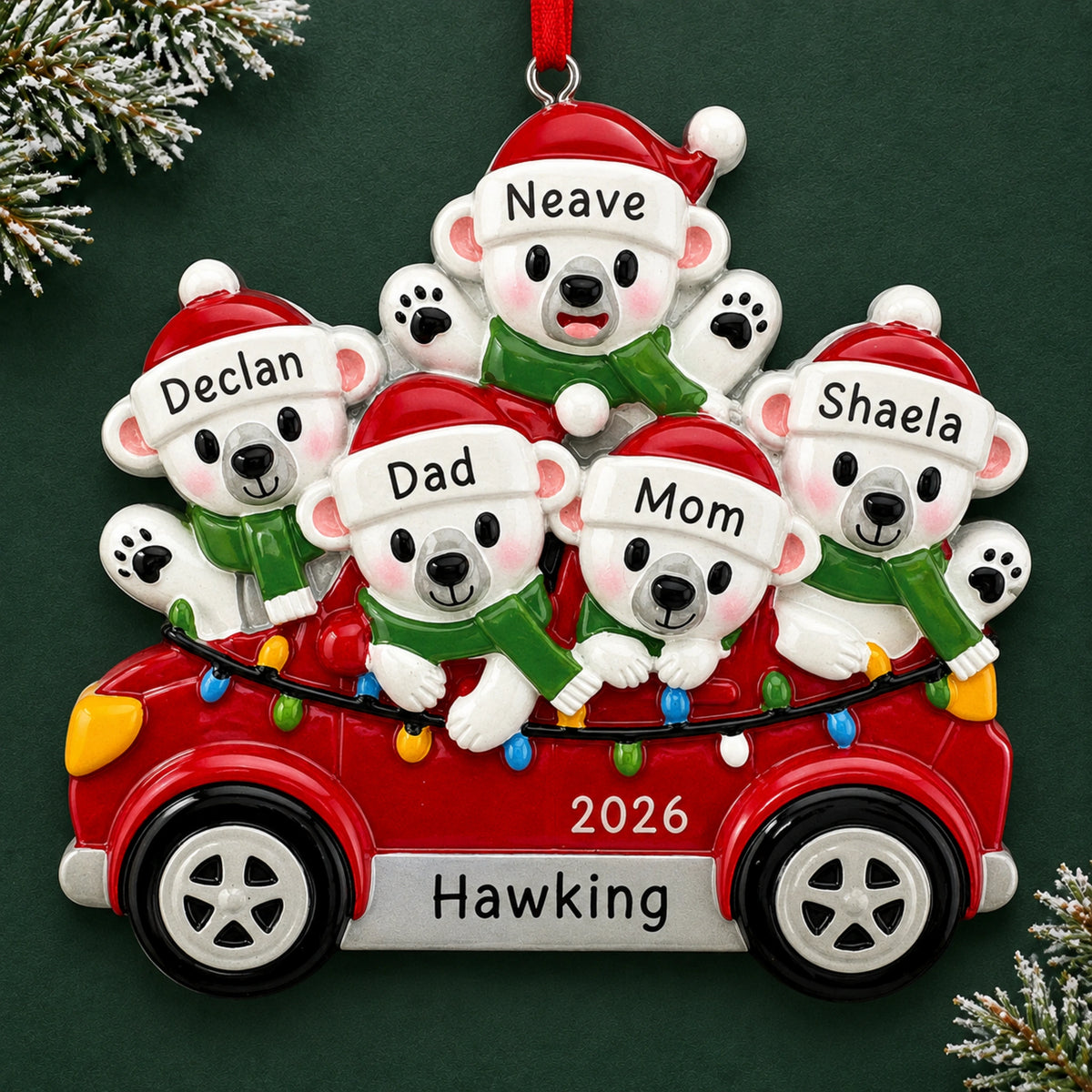 Personalized polar bears family of 5 Christmas ornament, five bears in a red car with custom names and 2026