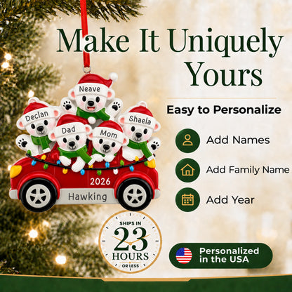 Make it yours: add names, family name and year to the personalized polar bears family of 5 Christmas ornament