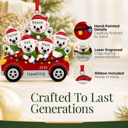 Hand-painted, laser-engraved personalized polar bears family of 5 Christmas ornament with ribbon ready to hang