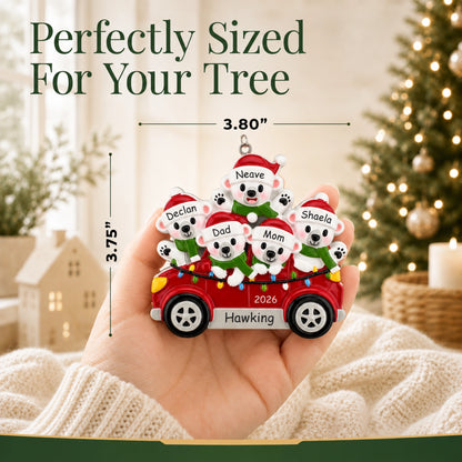 Personalized polar bears family of 5 Christmas ornament held in hand, about 3.8 inches wide for your tree