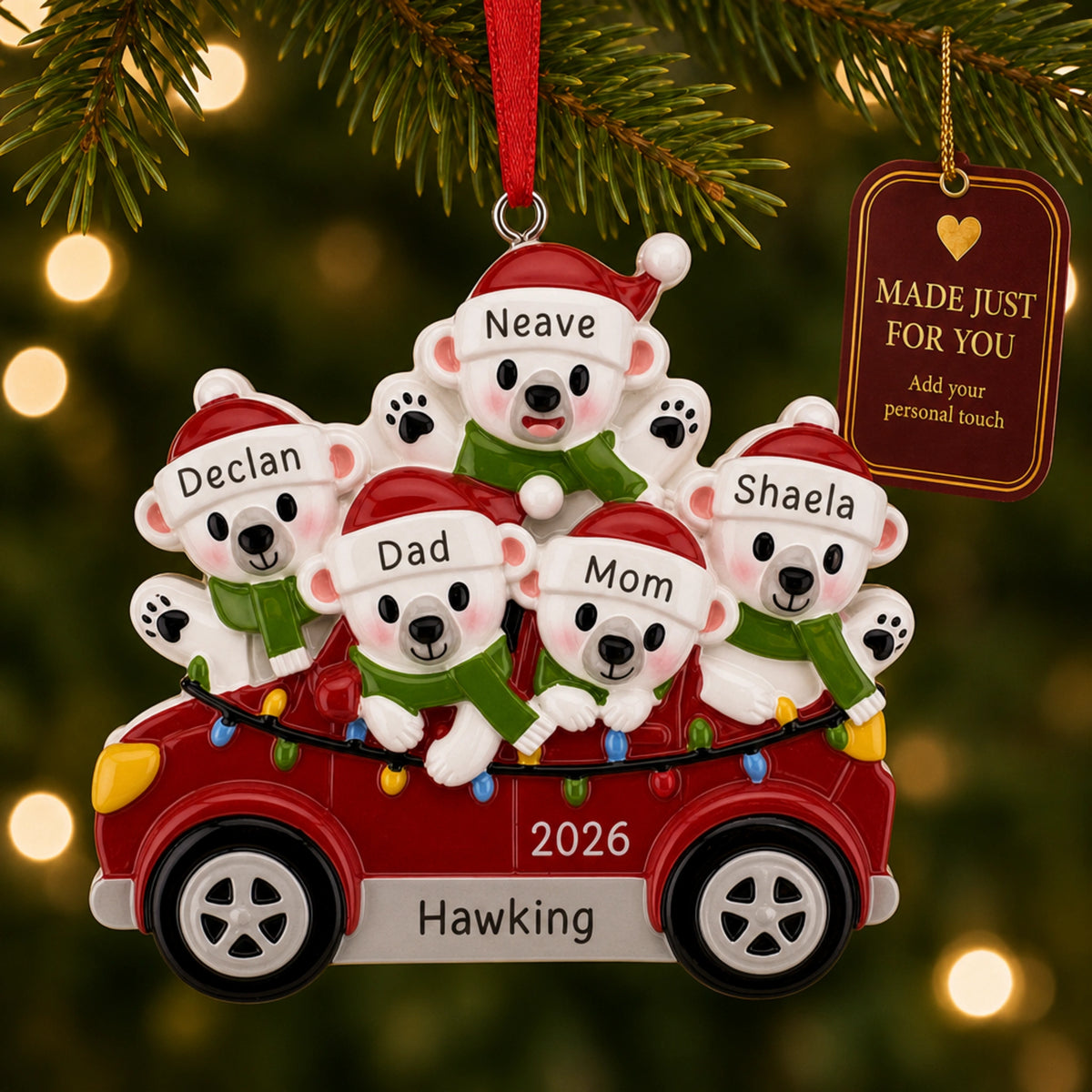 Personalized polar bears family of 5 Christmas ornament on tree with a Made Just For You gift tag
