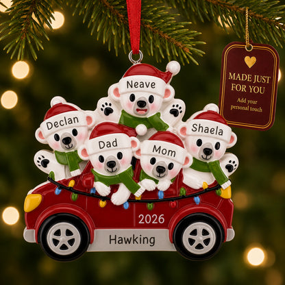 Personalized polar bears family of 5 Christmas ornament on tree with a Made Just For You gift tag