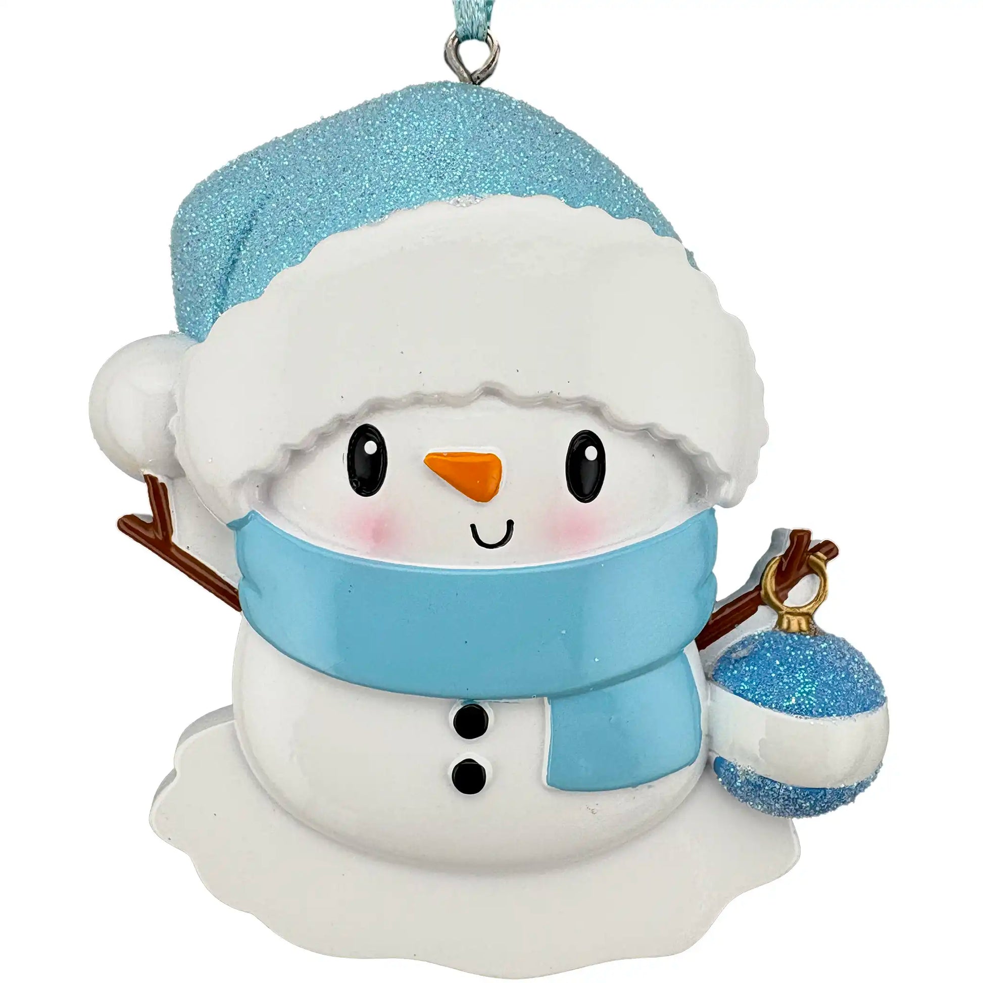 Decorative snowman ornament with a blue hat and scarf on a white background