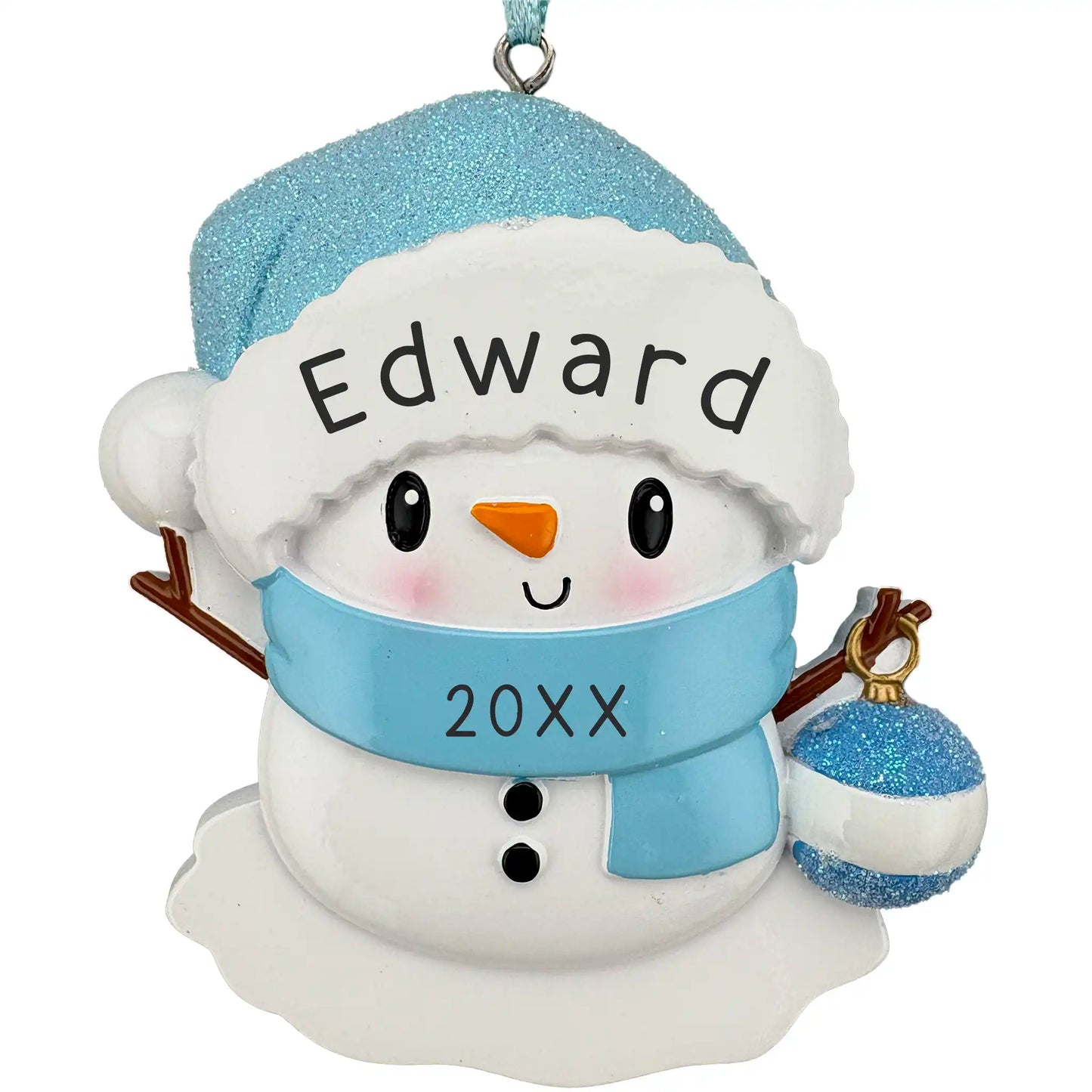 Personalized snowman ornament with blue hat and scarf, holding a blue ornament, on a white background.