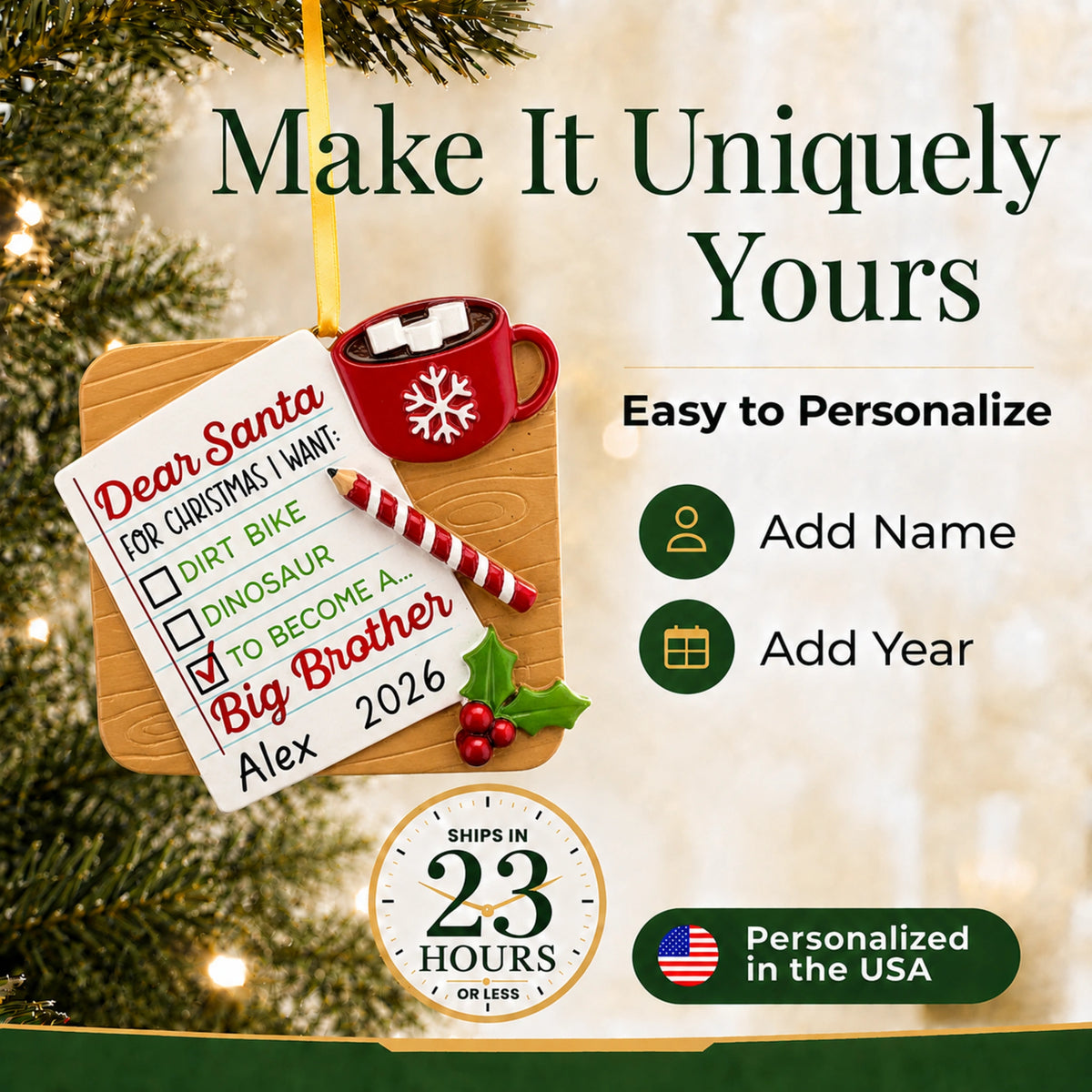 Make it yours: add the child's name and year to the personalized big brother Christmas ornament