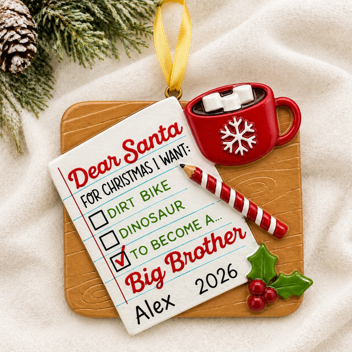 Personalized big brother Christmas ornament as a Dear Santa note hanging on a tree branch