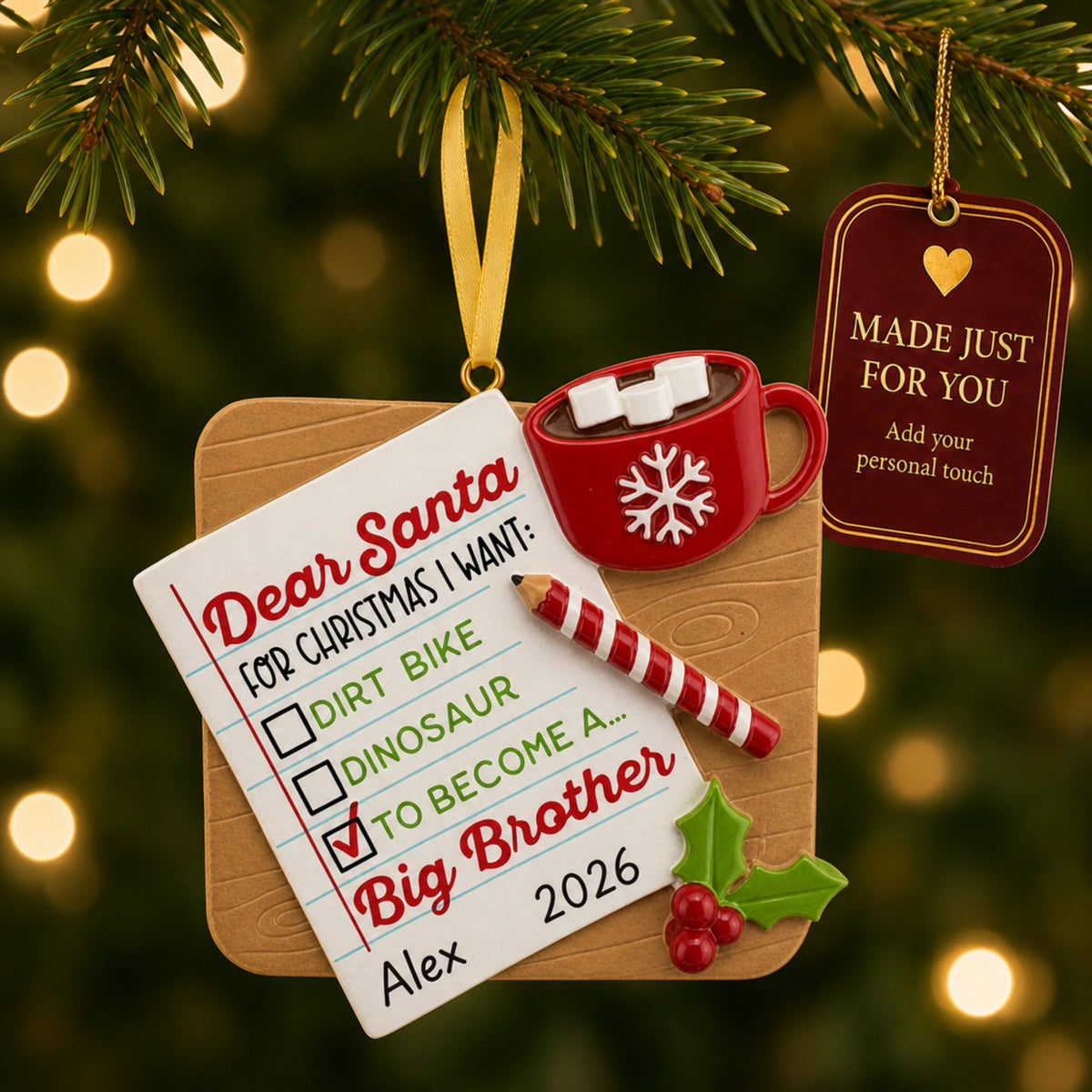 Personalized big brother Christmas ornament on tree with a Made Just For You gift tag