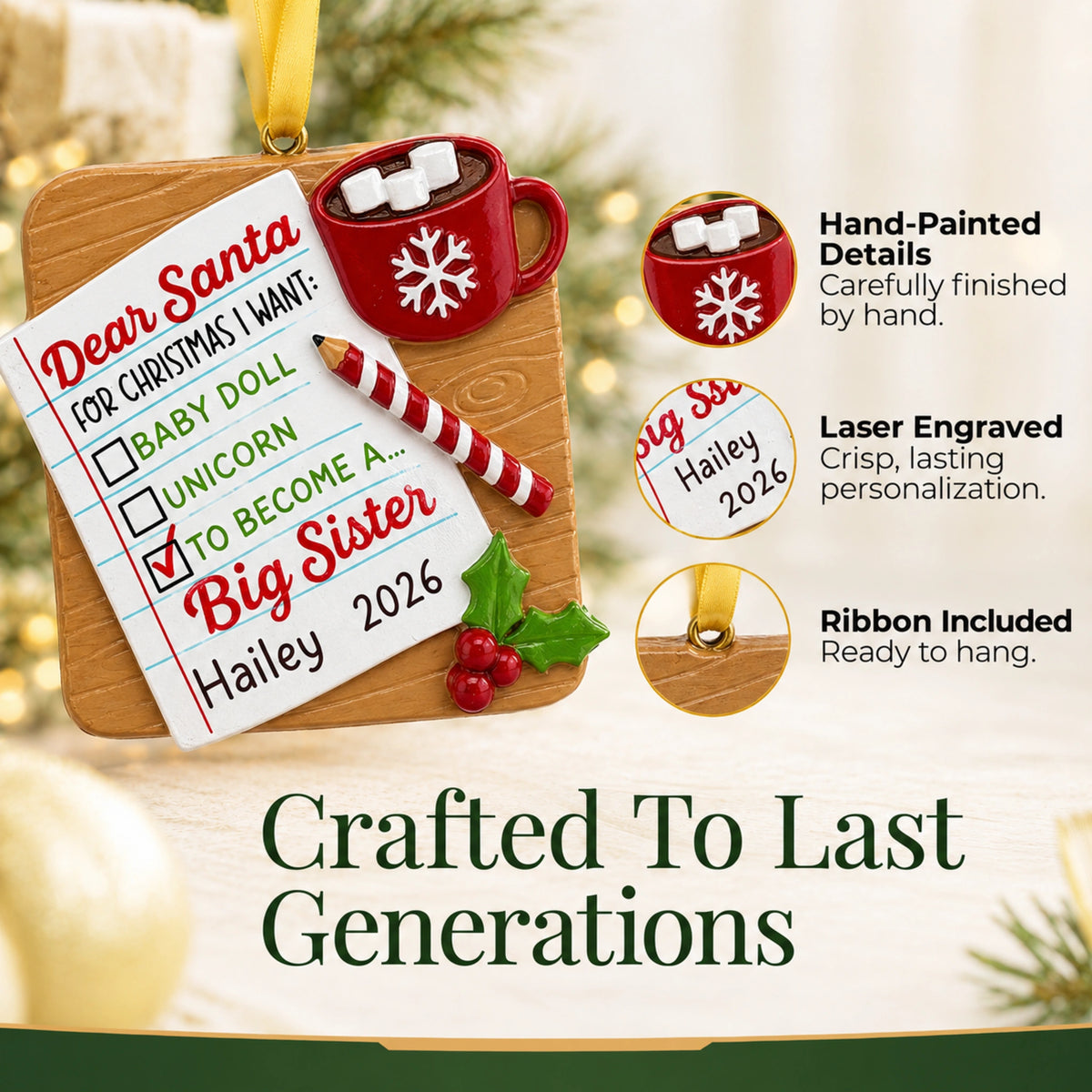 Hand-painted, laser-engraved personalized big sister Christmas ornament with ribbon ready to hang