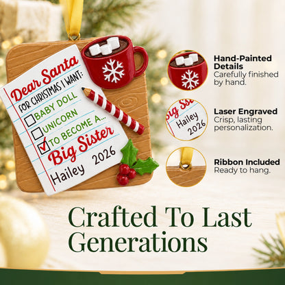Hand-painted, laser-engraved personalized big sister Christmas ornament with ribbon ready to hang