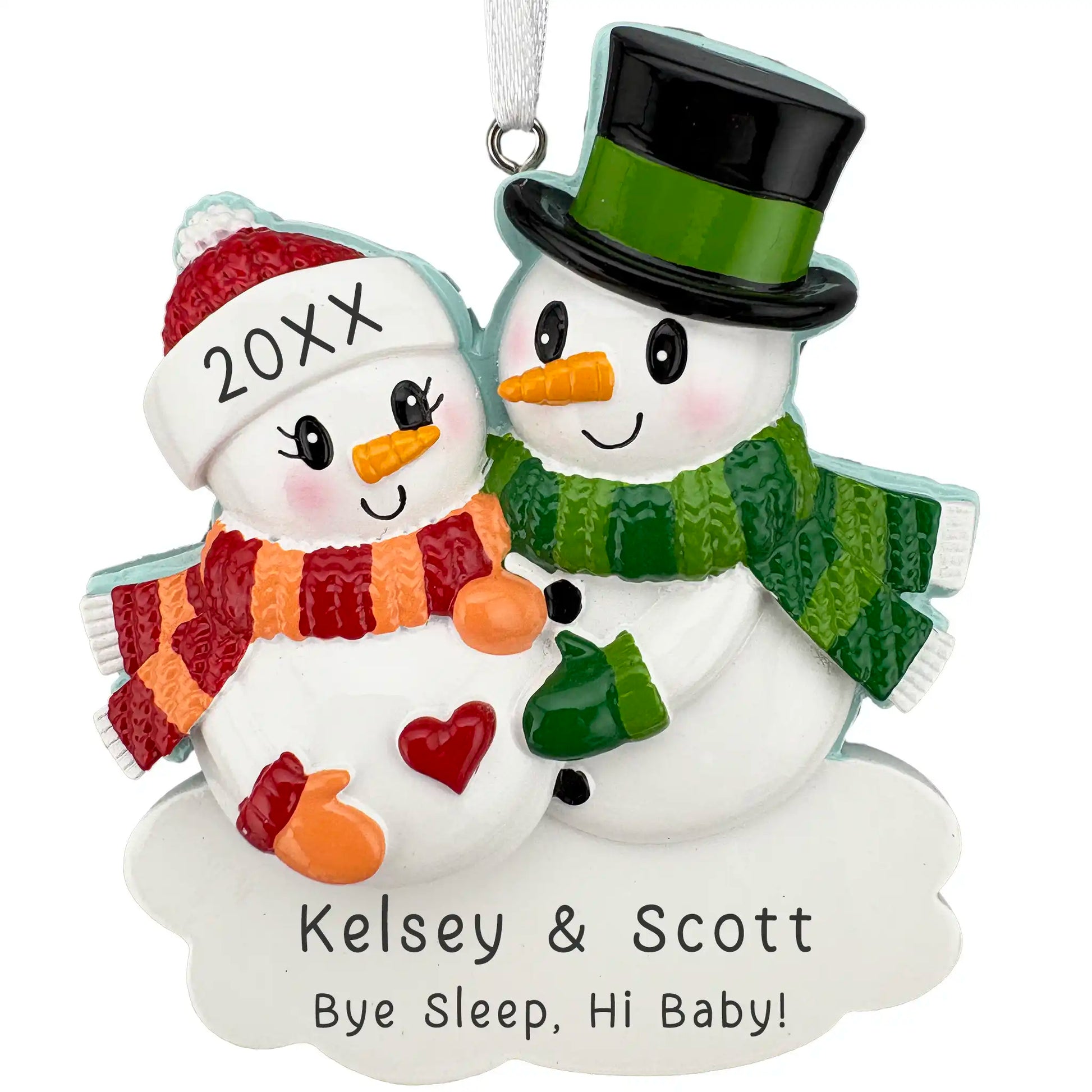 Expecting snowman couple ornament with red heart, green and red scarves, personalized with names and year