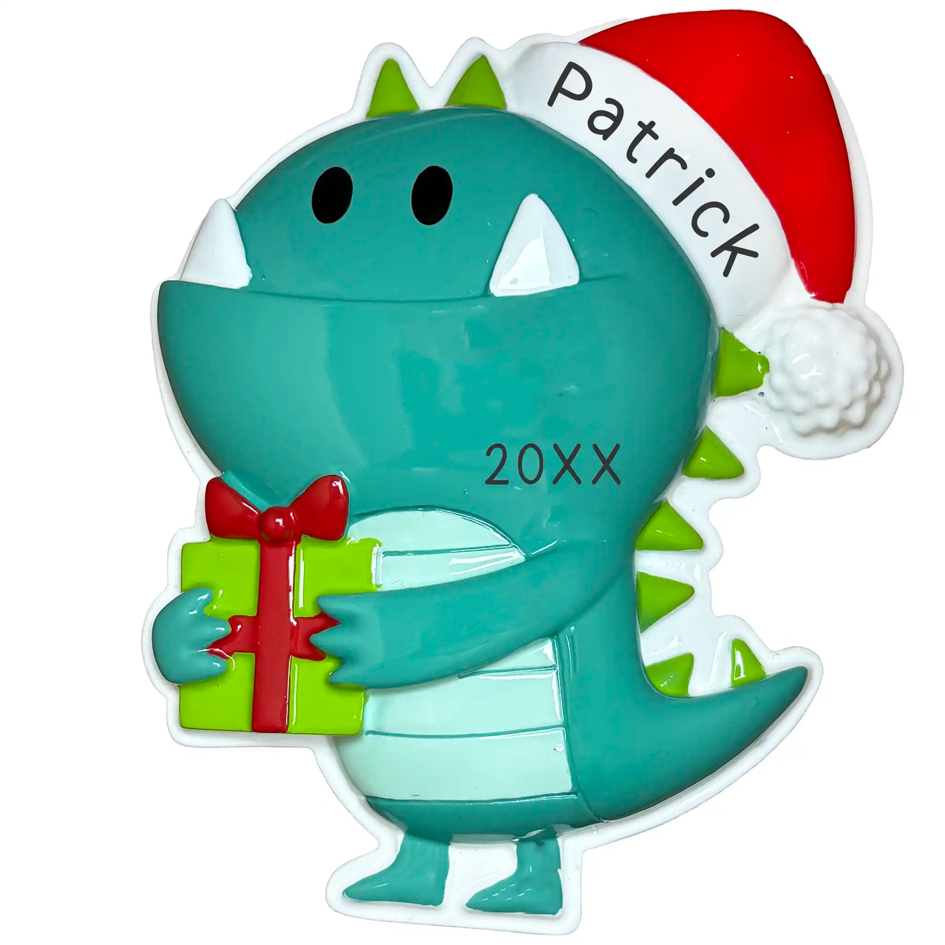 Turquoise Christmas monster wearing Santa hat holding green present with personalized name