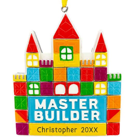Personalized master builder ornament with colorful tile blocks and custom name and year