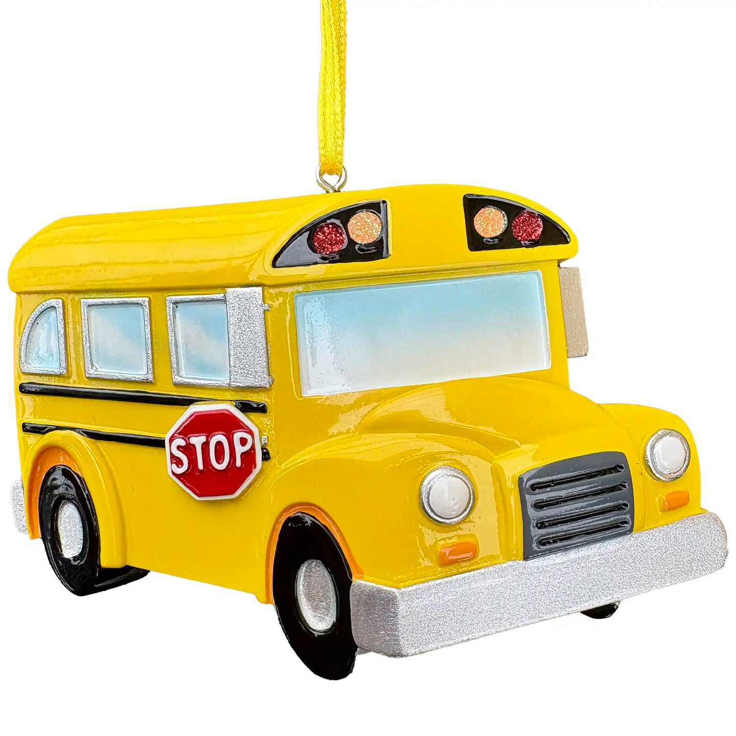 Personalized yellow school bus ornament with a stop sign on a white background 