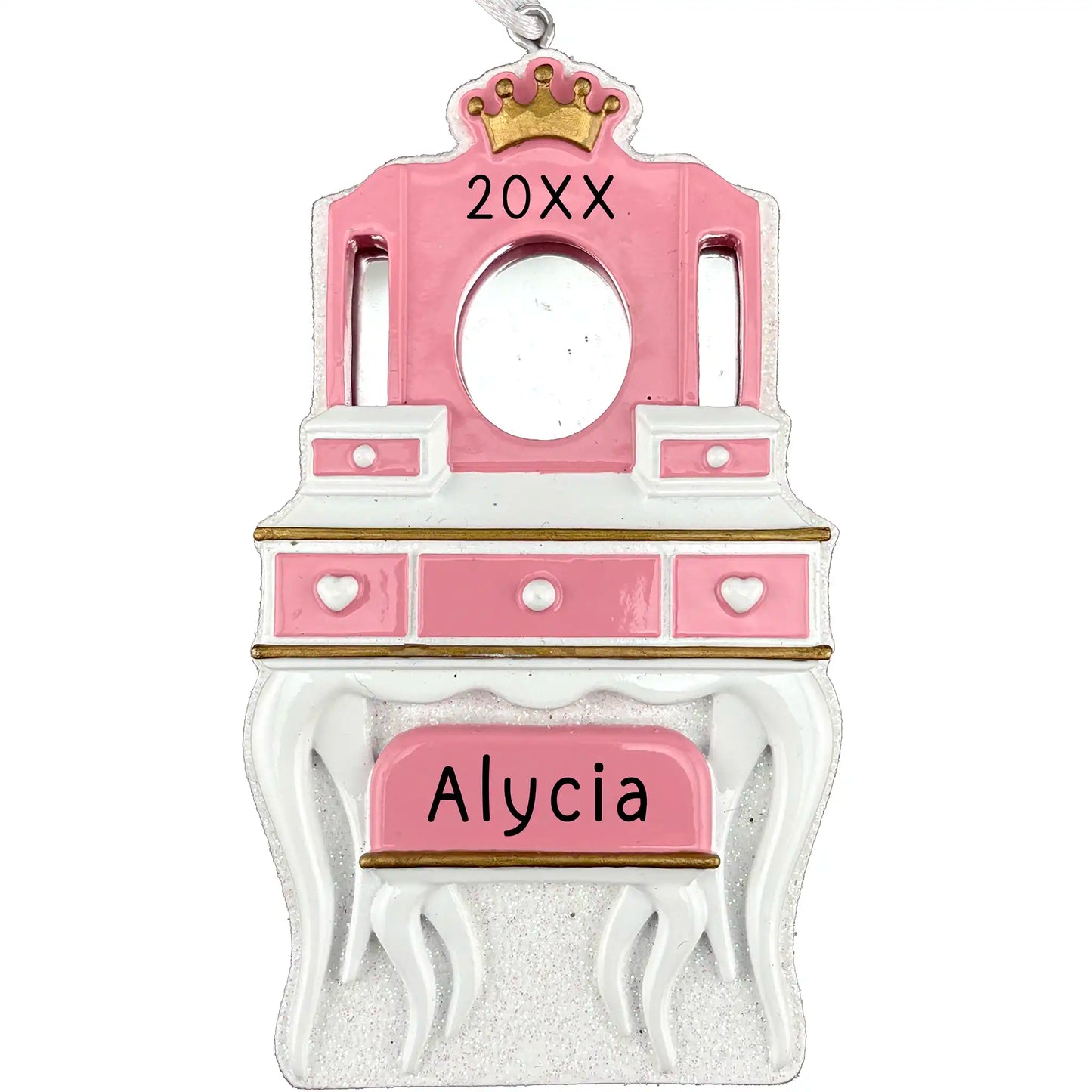 Decorative pink and white vanity mirror with a tiara design. The ornament includes customizable text for name and year.