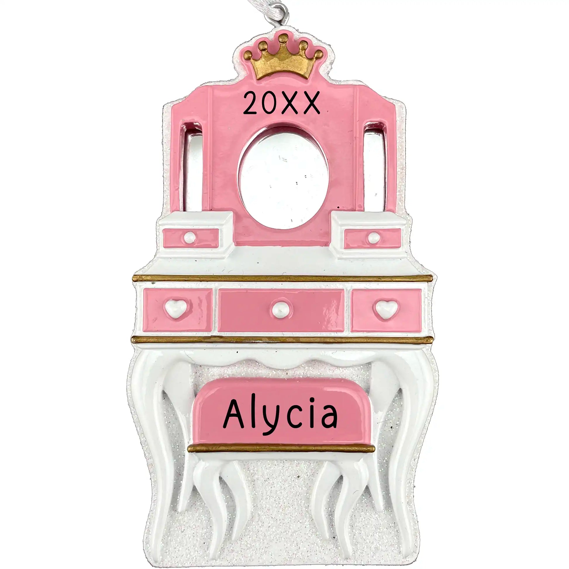 Decorative pink and white vanity mirror with a tiara design. The ornament includes customizable text for name and year.