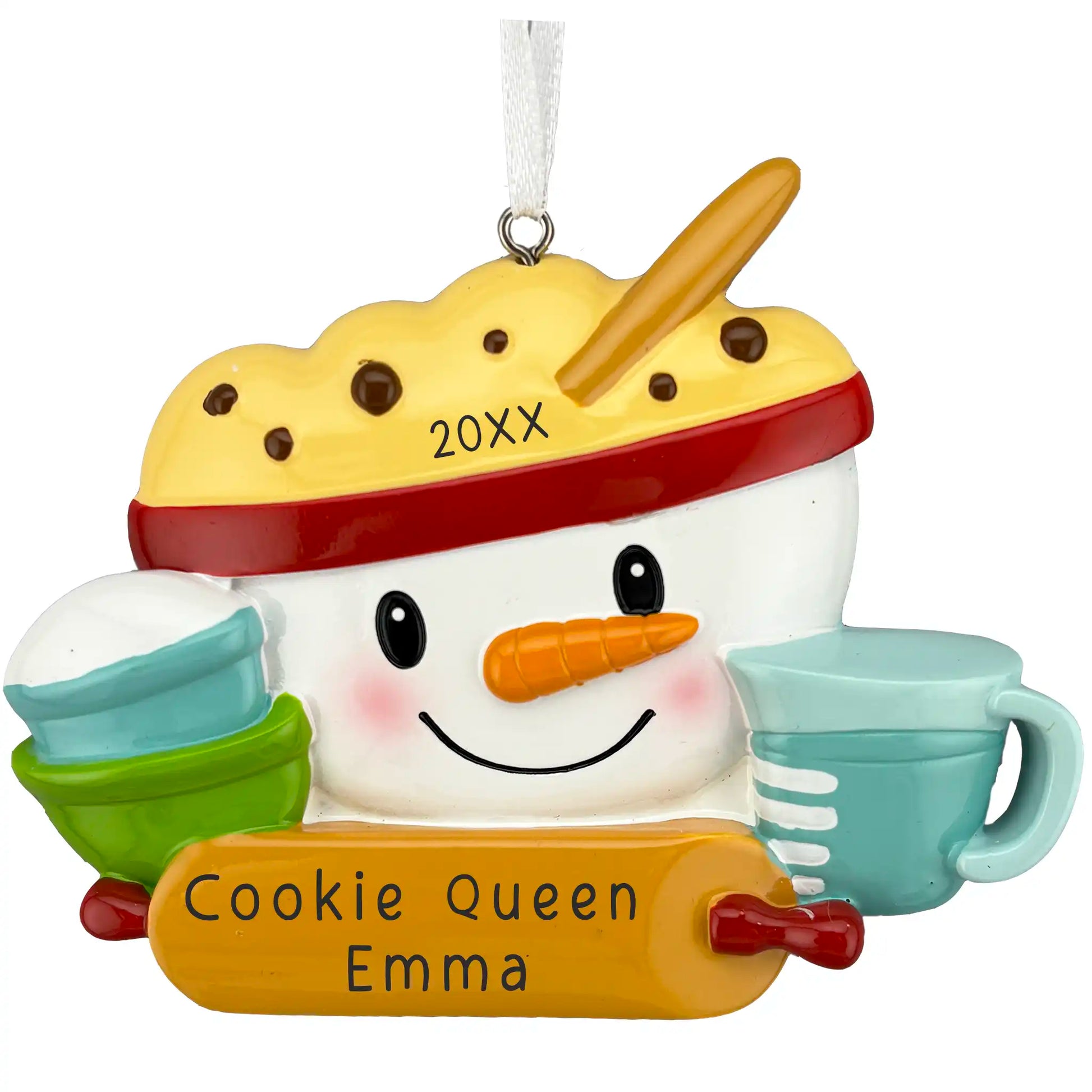 Personalized baking snowman ornament with cookie dough hat, mixing bowls, and rolling pin