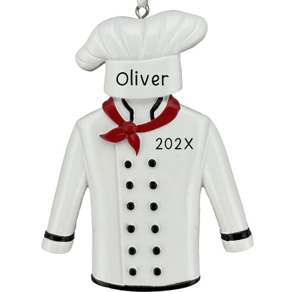 Personalized chef uniform ornament with name 'Oliver' and year '202X' on a white background. Name and year are customizable.