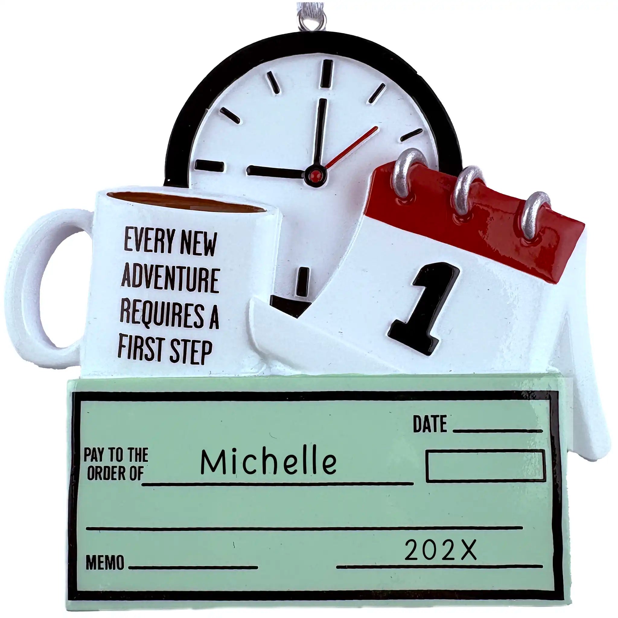 A personalized ornament featuring a coffee mug with a clock and a check, symbolizing a first job paycheck. The ornament includes a ribbon loop for hanging.