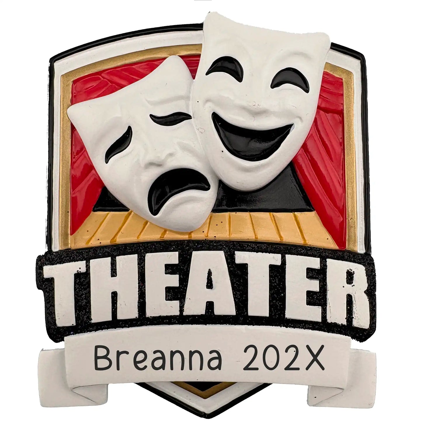 A personalized theater ornament featuring drama masks, a stage, and customizable text displayed against a white background.