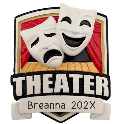 A personalized theater ornament featuring drama masks, a stage, and customizable text displayed against a white background.