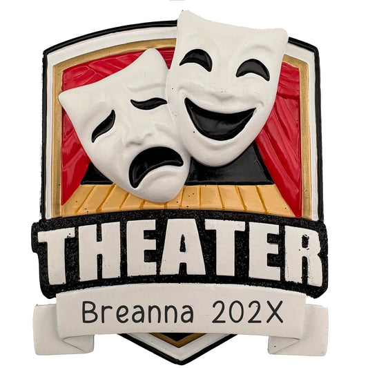 A personalized theater ornament featuring drama masks, a stage, and customizable text displayed against a white background.