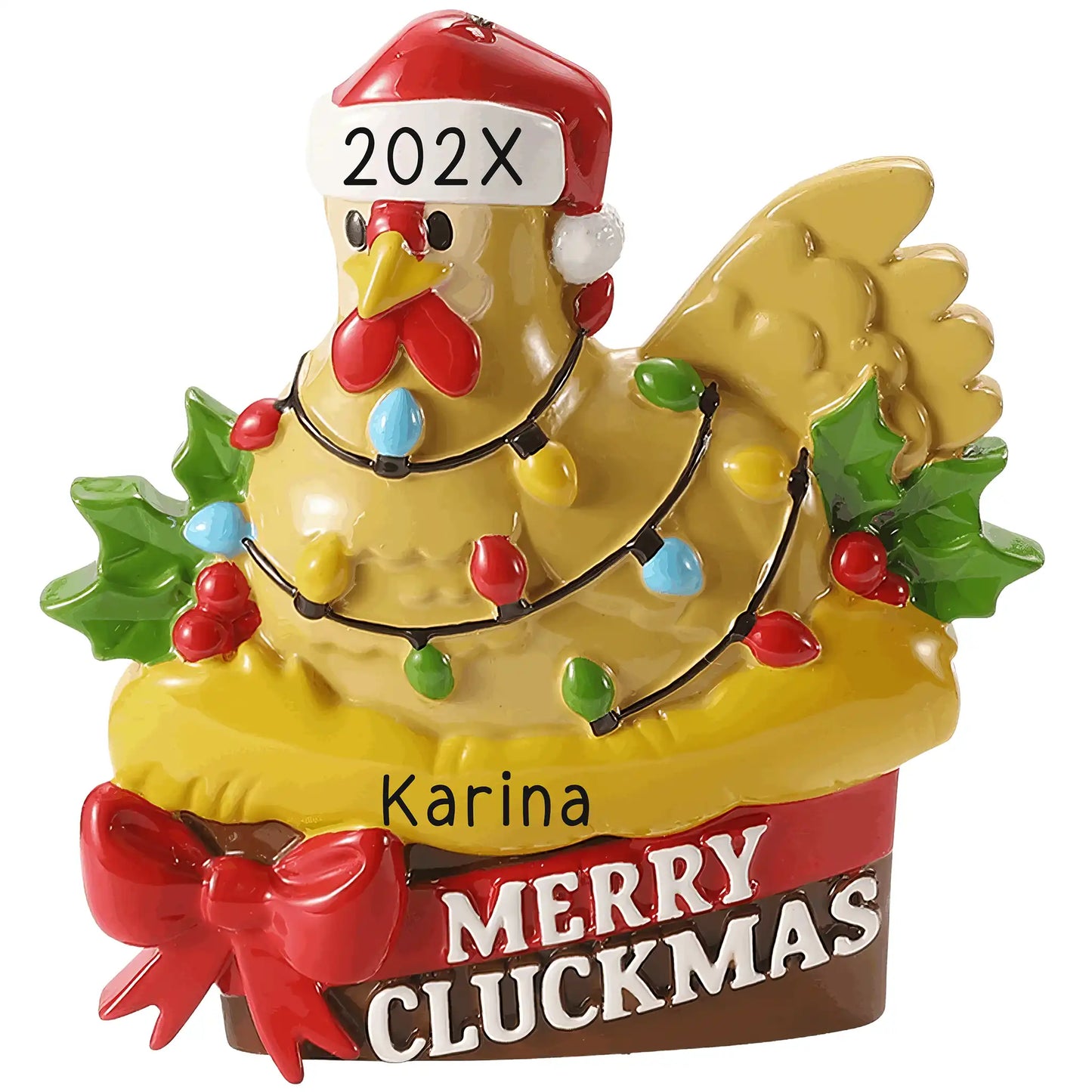 Personalized chicken Christmas ornament, a golden hen in a Santa hat wrapped in Christmas lights on a Merry Cluckmas base, engraved with the name Karina and the year