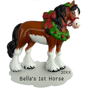 Personalized Clydesdale horse ornament with a holiday wreath, laser engraved with a name and year