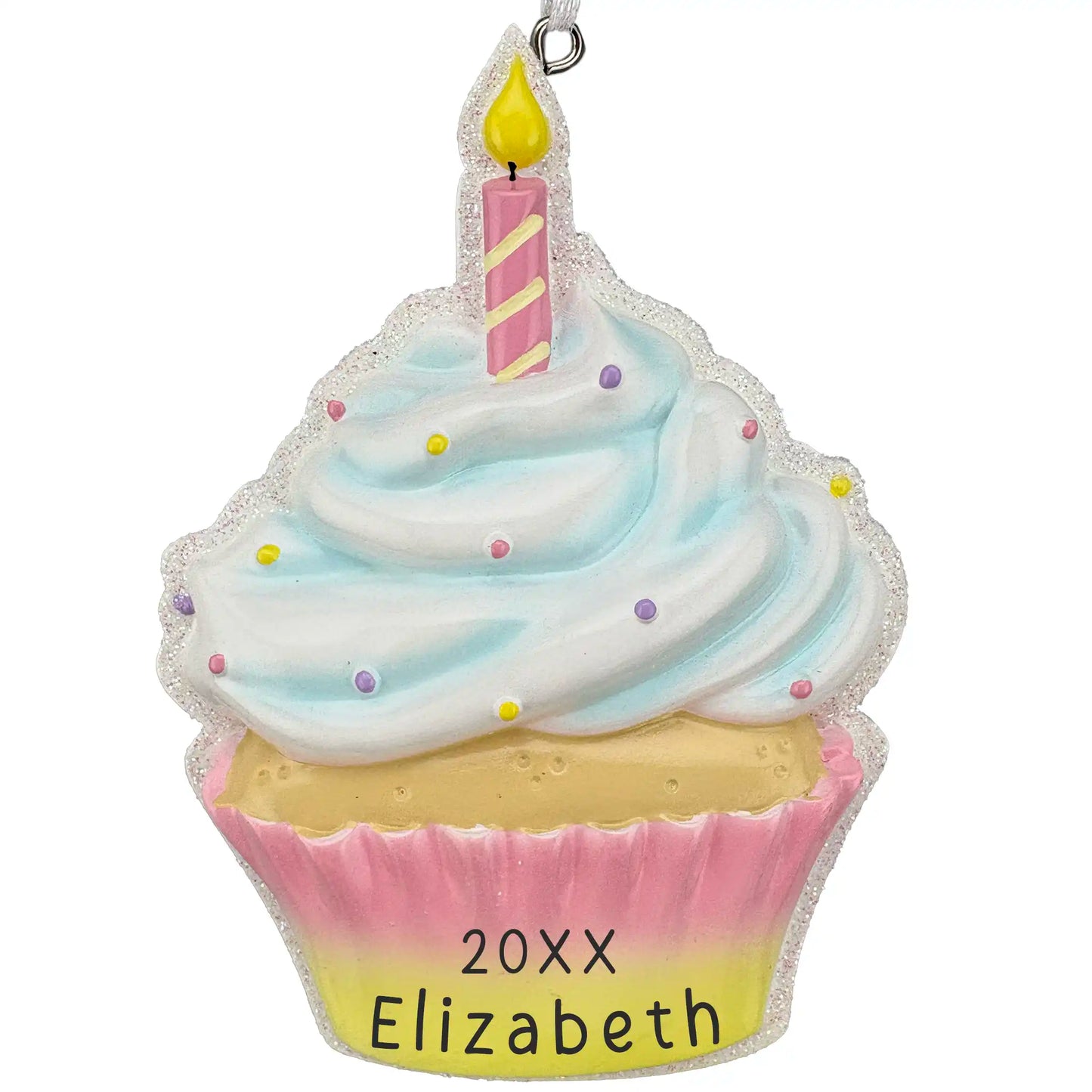 Cupcake ornament with a birthday candle personalized with a name and year
