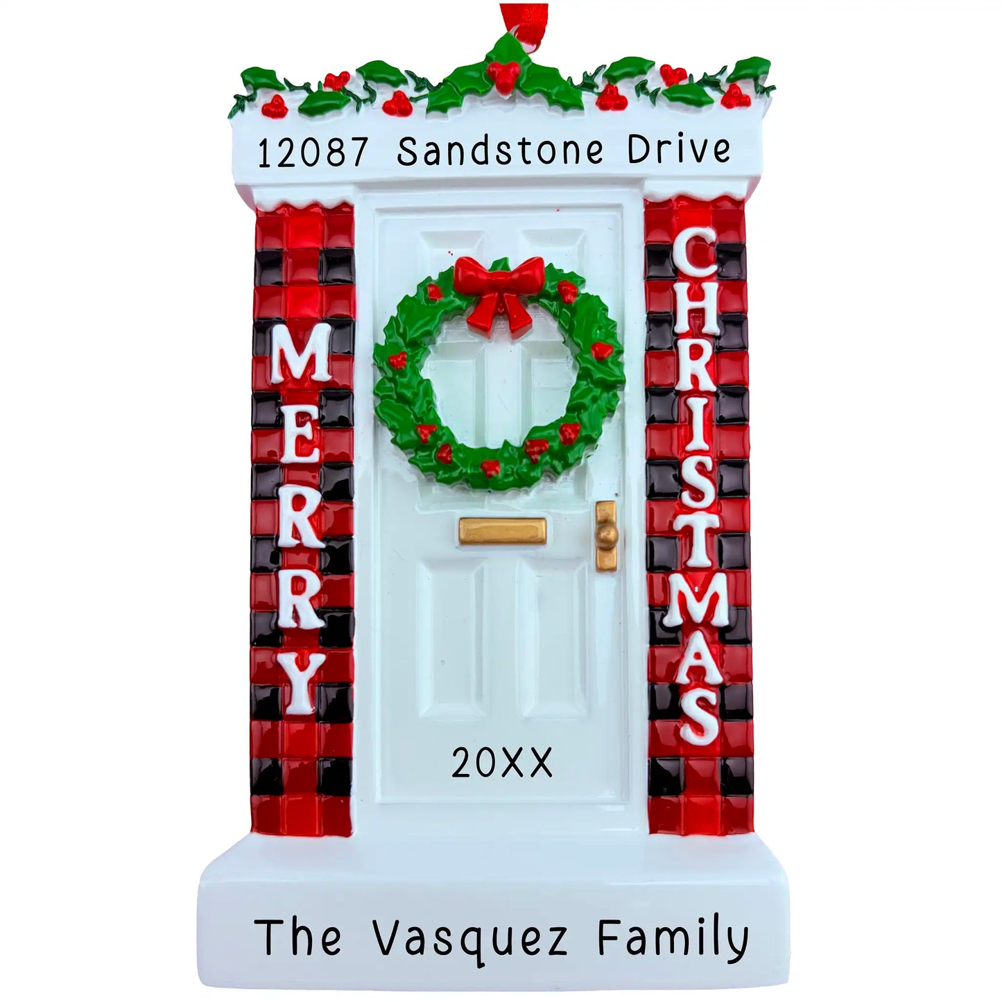 Christmas-themed door ornament with wreath, plaid decorations, and white door. The ornament includes customizable text for the address, The family name and a year.