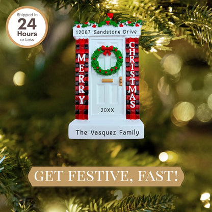 Christmas door ornament with wreath on a tree background.