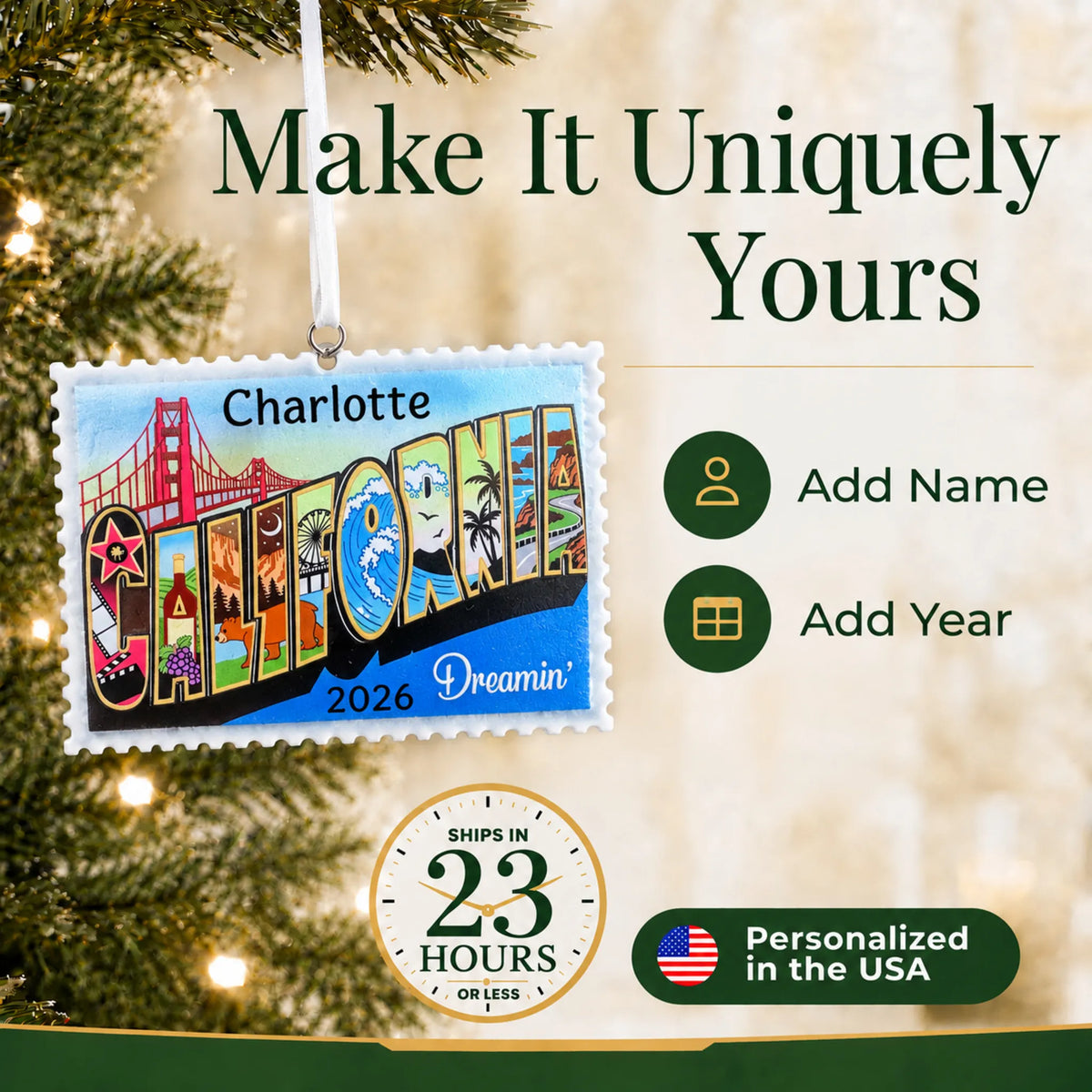 Make it yours: add name and year to the personalized California postcard christmas ornament