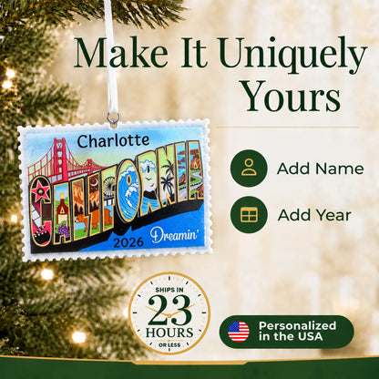 Make it yours: add name and year to the personalized California postcard christmas ornament