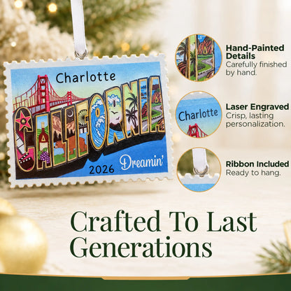 Hand-painted details and laser engraved personalization on the California postcard christmas ornament, ribbon included