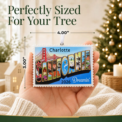 Size guide: the personalized California postcard christmas ornament is 4.00 in wide by 3.00 in tall, shown in hand