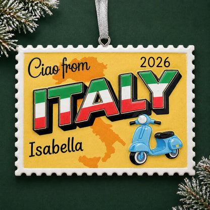 Personalized Italy postcard christmas ornament on a dark green pine background