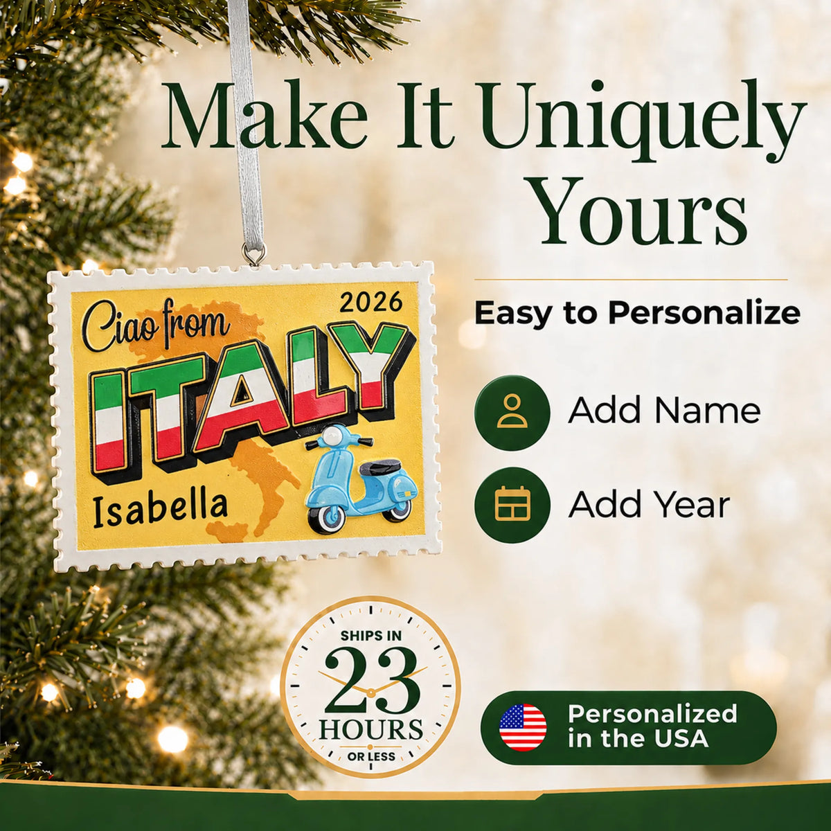 Make it yours: add name and year to the personalized Italy postcard christmas ornament