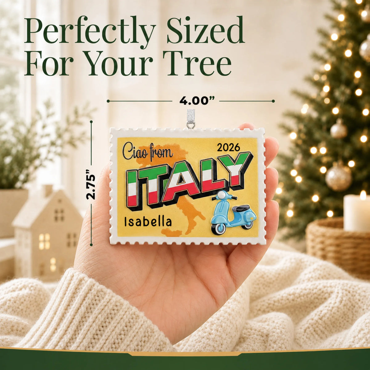 Size guide: the personalized Italy postcard christmas ornament is 4.00 in wide by 2.75 in tall, shown in hand