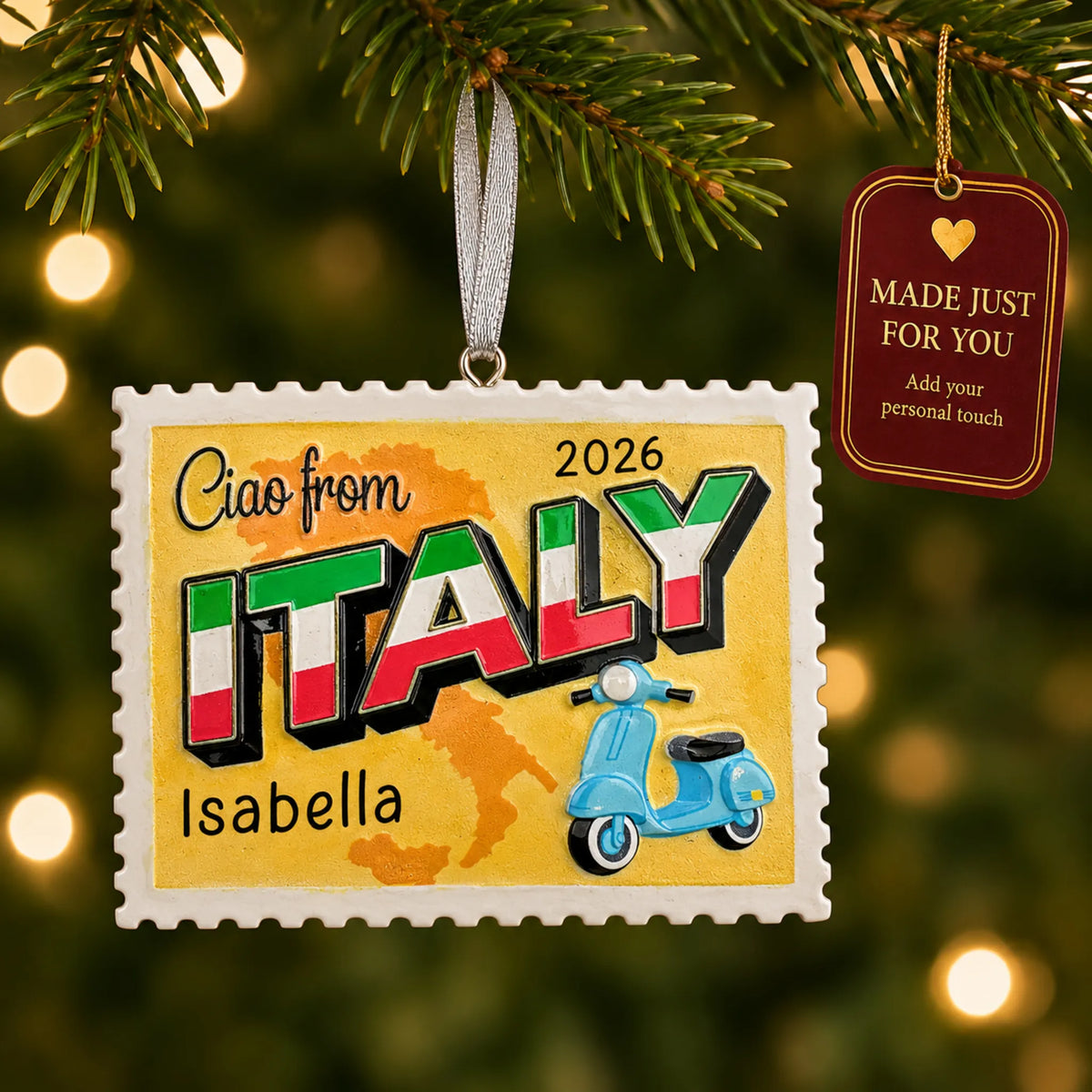 Italy postcard christmas ornament hanging on a lit Christmas tree with a Made Just For You gift tag