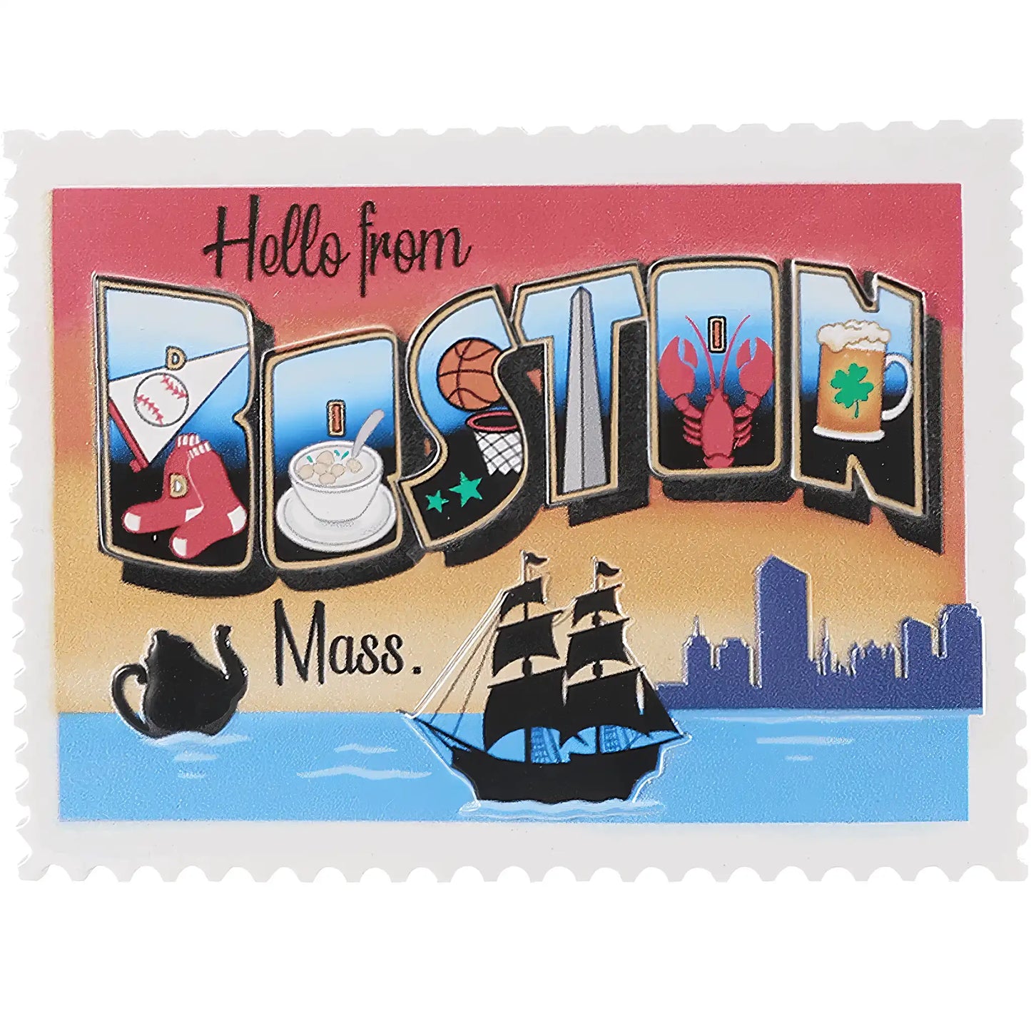 Design detail of Boston ornament showing Red Sox, Celtics, lobster, clam chowder, and tall ship