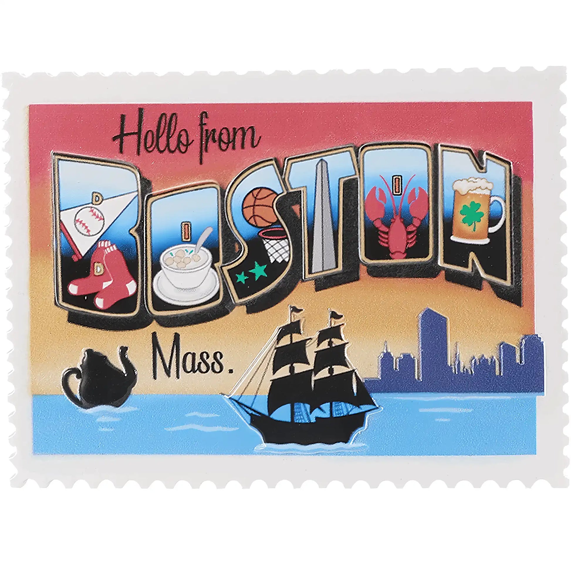Design detail of Boston ornament showing Red Sox, Celtics, lobster, clam chowder, and tall ship