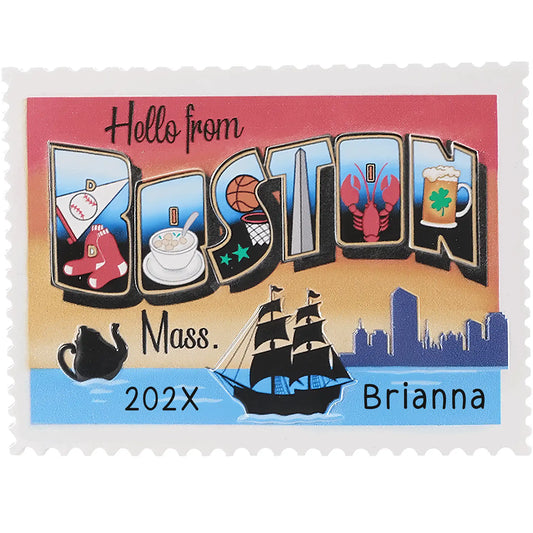 Personalized Boston postcard Christmas ornament with city icons and engraved name and year