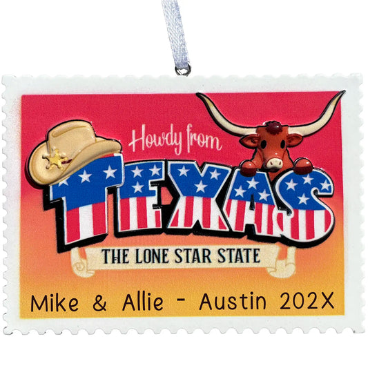 Texas postcard ornament with cowboy hat, longhorn, and stars and stripes design with personalization area