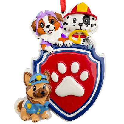 Puppy rescue squad personalized kids Christmas ornament with paw print badge shown before the name and year are added