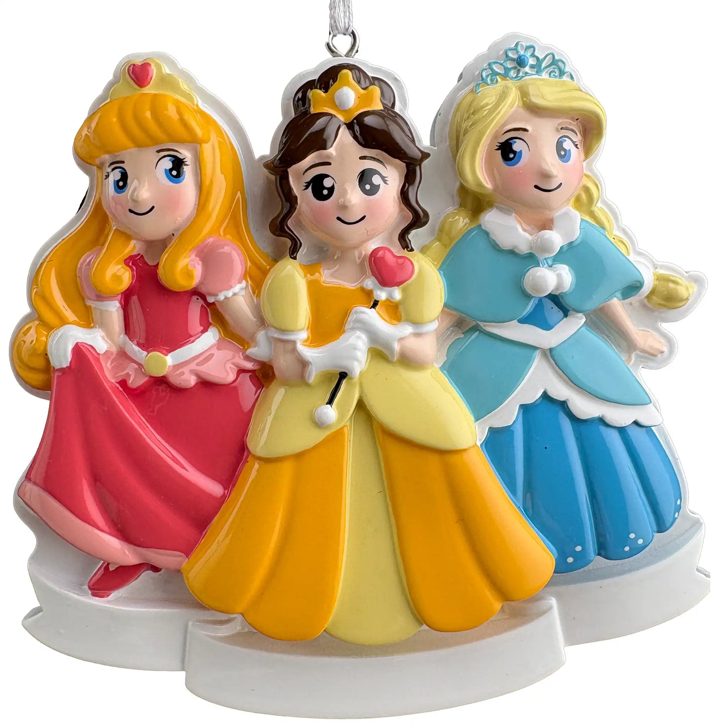 Three princesses personalized Christmas ornament shown blank before the name and year are engraved