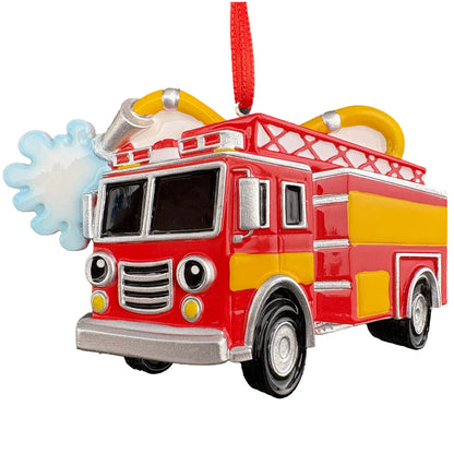 Firetruck with hose personalized Christmas ornament shown blank before the name and year are laser engraved