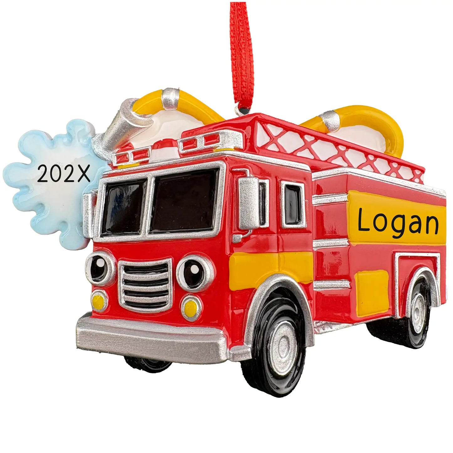 Personalized firetruck Christmas ornament, red and white fire engine with water hose, laser engraved with a name and the year