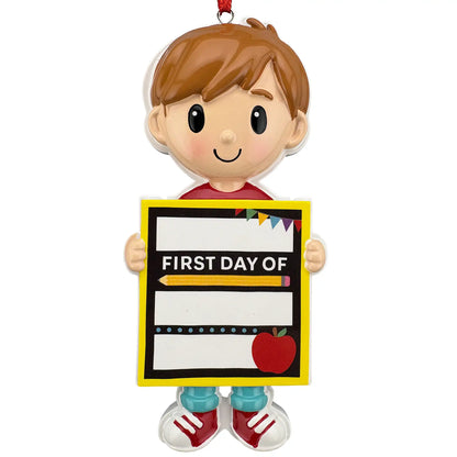 First day of school boy personalized Christmas ornament shown blank, boy holding a chalkboard sign before laser engraving
