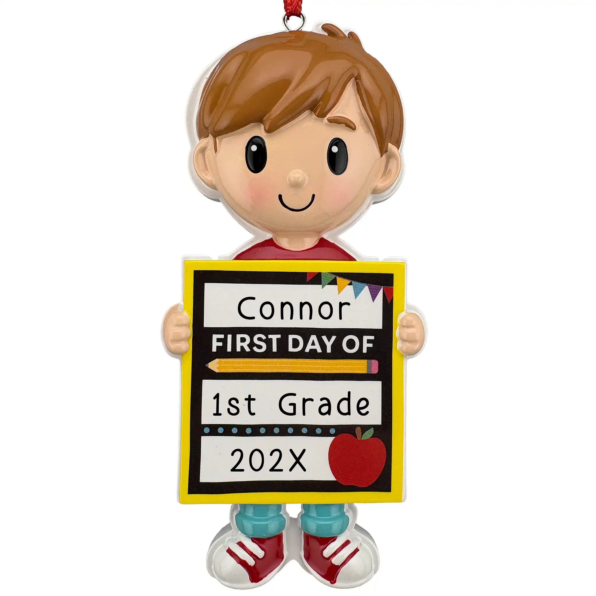 Personalized first day of school ornament for boys, hand-painted boy holding a chalkboard sign laser engraved with name, grade, and year