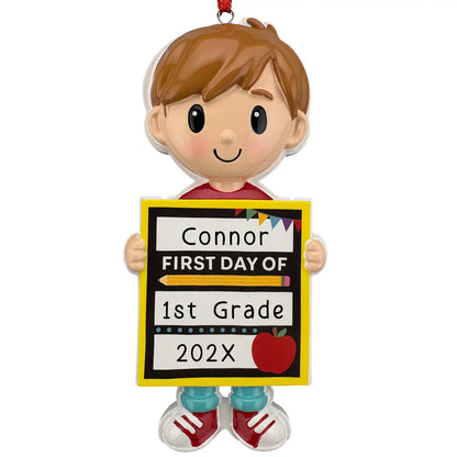 Personalized first day of school ornament for boys, hand-painted boy holding a chalkboard sign laser engraved with name, grade, and year