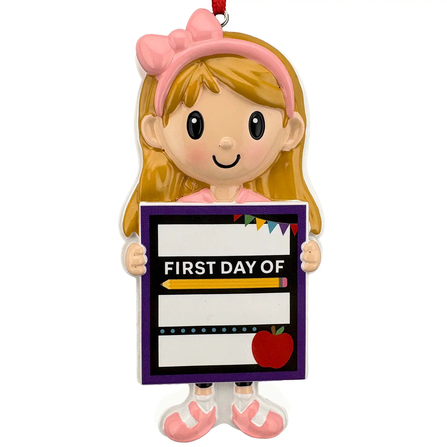 First day of school girl personalized Christmas ornament shown blank, girl holding a chalkboard sign before laser engraving